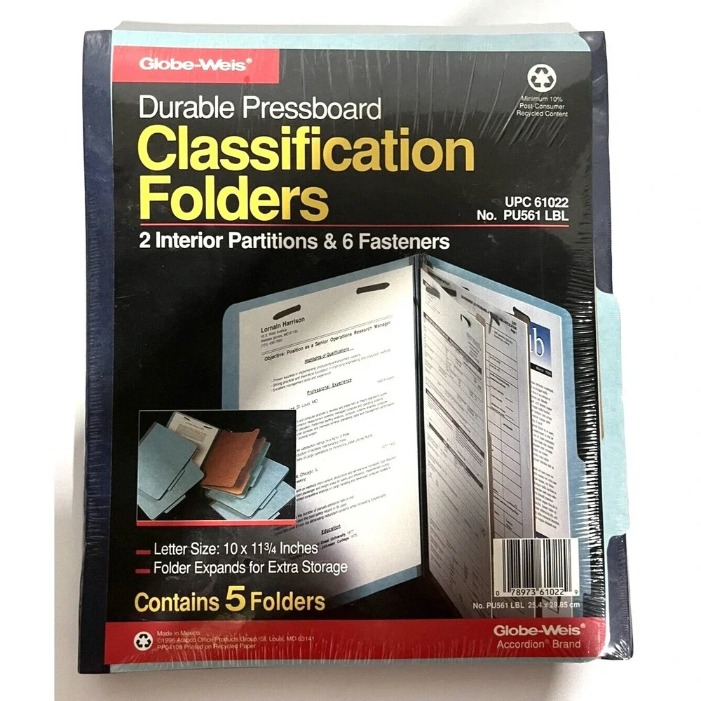 Globe-Weis Durable Pressboard Classification Folders 5 pk Letter Size Blue - New